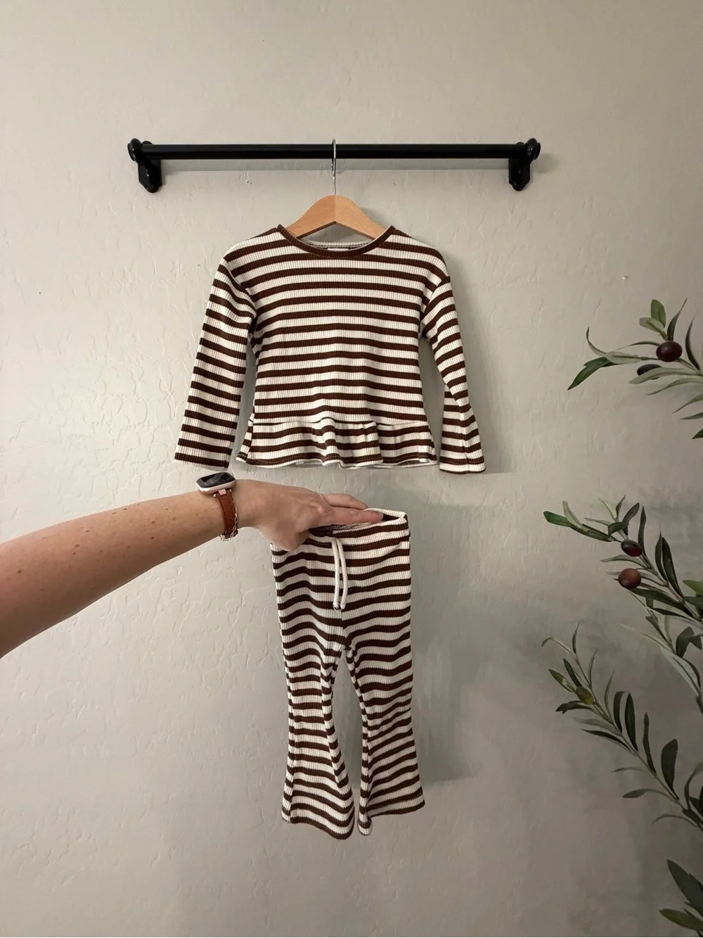 Zara Brown and Cream Ribbed Striped Peplum Set - Long Sleeve Top & Flare Pants